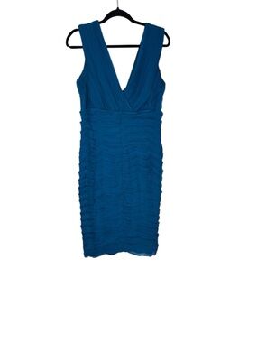 Tadashi Shoji Teal Blue V-Neck Ruched Midi Dress